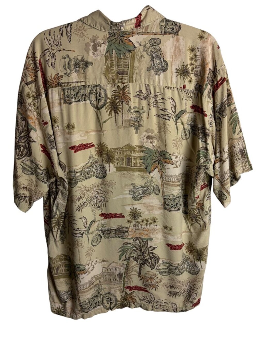 Vintage Harley Davidson Men's Size L Hawaiian Button Down Shirt Tan Biker Vacay - Picture 5 of 6